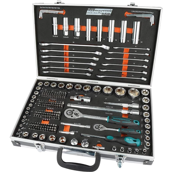 232 db-os MANNESMANN szerszámkészlet ALU kofferben, dugókulcs-, bit-, csillag-villáskulcs készlet (98432)