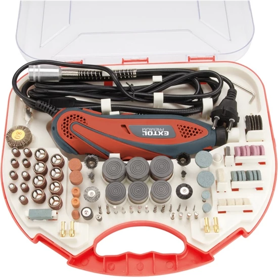 EXTOL Premium mini fúrógép + 210db-os készlet fúró köszörű csiszoló polírozó gravírozó 8892201