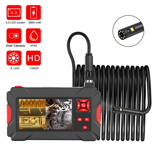 Endoszkóp duál kamerával IP68 vízálló (10 méter), 4,3” kijelzővel, HD 1080P, 8+1 LED-es