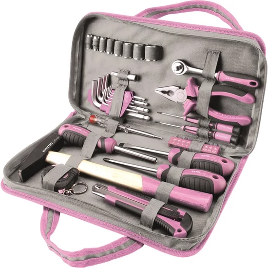 Szerszámkészlet 39 db 1/4"  Extol Lady rózsaszín 8 dugófej (5-14mm), fogó, csavarhúzók, kalapács, BIT-ek - (6596)