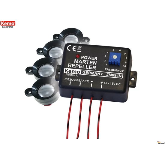 KEMO M094N 12V szabályozható ultrahangos nyestriasztó + 4db piezó hangszóró 8-40 kHz