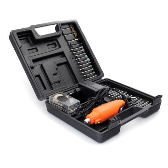Gravírozó készlet mini fúró és csiszoló gép, tartozékokkal, kofferben, 12V/12000 fordulat