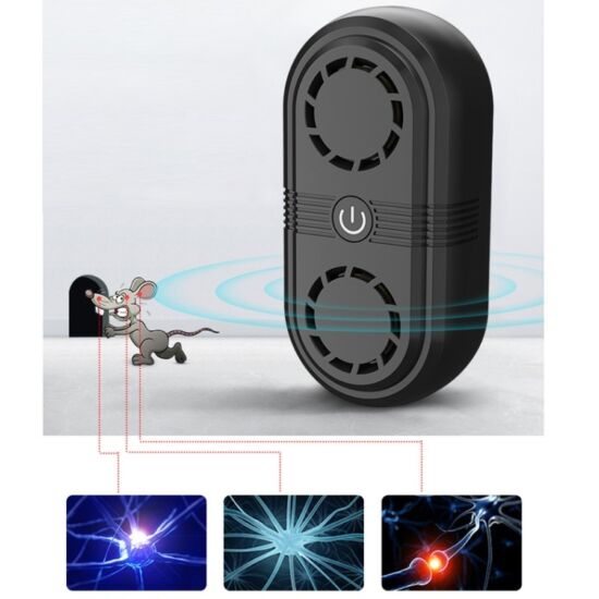 Ultrahangos elektronikus egérriasztó, rágcsálóriasztó, szúnyogriasztó, rovarriasztó beltéri (150 m2), kettős hangszóróval (BG307), fekete