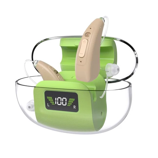 Digitális hallókészülék zajszűrővel, 18 órás üzemidővel, 50+ órás töltőtokkal, bőrszínű kivitelben.