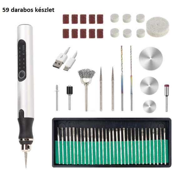 Gravírozó toll készlet (59 db) beépített akkuval, USB töltéssel (ezüst)