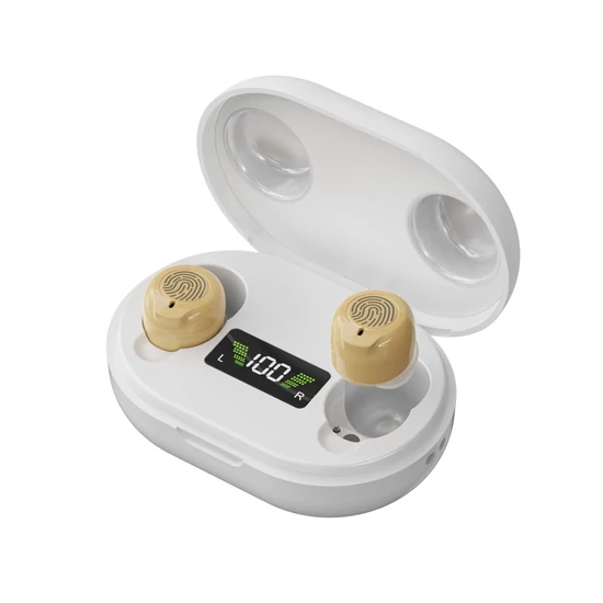 Fülbe helyezhető digitális hangosító eszköz kijelzős töltőtokkal bőrszínű MIN2001