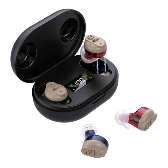 Mini fülbe helyezhető digitális hangosító eszköz piros-kék kivitelben fekete töltőtokkal MIN2003