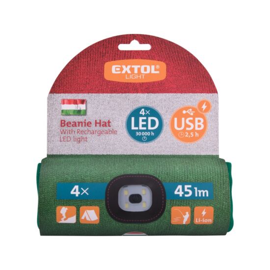 Sapka piros-fehér-zöld, kötött, kivehető LED homloklámpával, USB tölthető (43453)