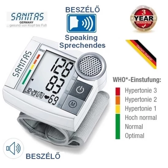 Sanitas digitális automata csuklós vérnyomásmérő 3 nyelven beszélő kivitel 60 memória óra és naptár funkció vakoknak gyengénlátóknak